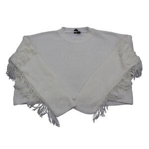 Free For All Sweater Womens XL White Fringe Long Sleeve Crew Neck Pullover